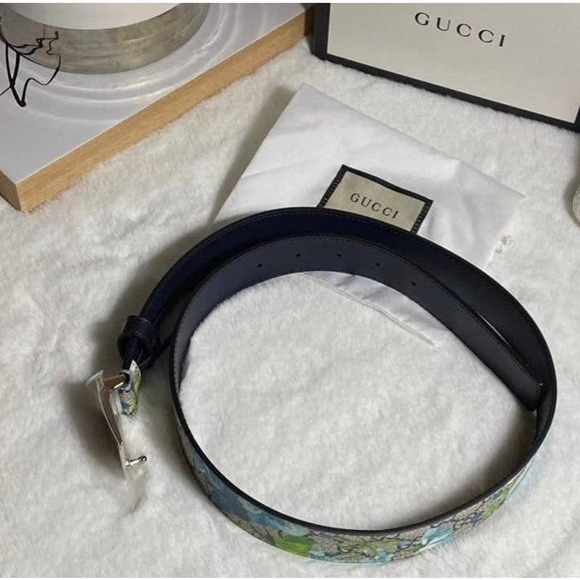 🌀⭐️🥶GUCCI Blooms GG Supreme Coated Canvas / Leather Belt w/ Navy Back - Picture 4 of 7